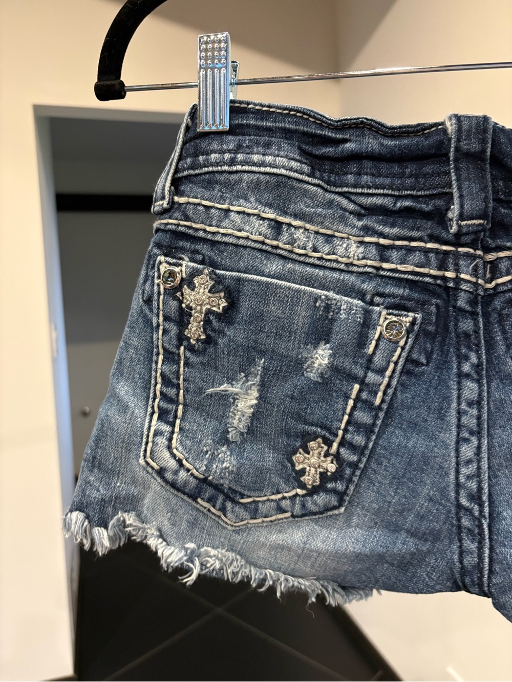 Miss Me Dark Blue Distressed Embroidered Denim Shorts - Picture 4 of 5